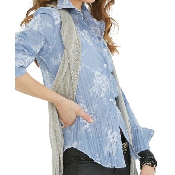 Cino Mimosa Vintage Blue Embroidered Button Down Shirt XS Quiet Luxury Capsule - Picture 2 of 10